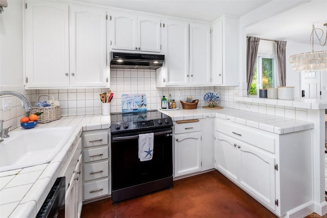 328 Countrywood Ln, Encinitas, CA 92024 - kitchen featuring electric range, under cabinet range hood, a sink, a peninsula, and tasteful backsplash