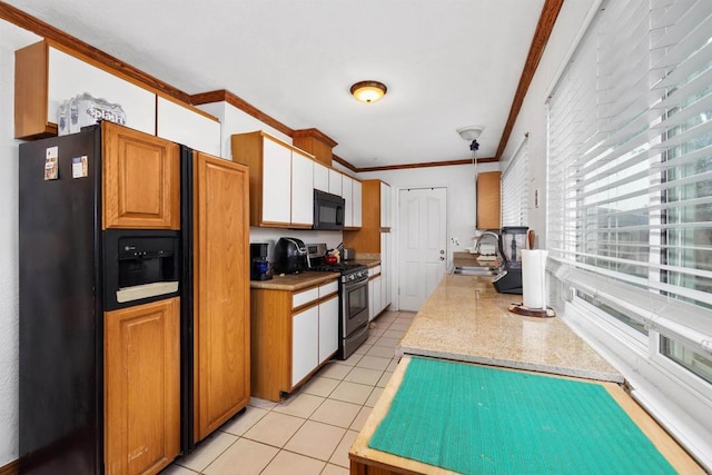 3846 Marcwade Ct, San Diego, CA 92154 - kitchen with black microwave, paneled fridge with ice dispenser, stainless steel gas range oven, a sink, and crown molding