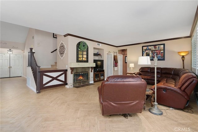 27089 Adelanto Dr, Corona, CA 92883 - living area with baseboards, a fireplace, stairway, and crown molding