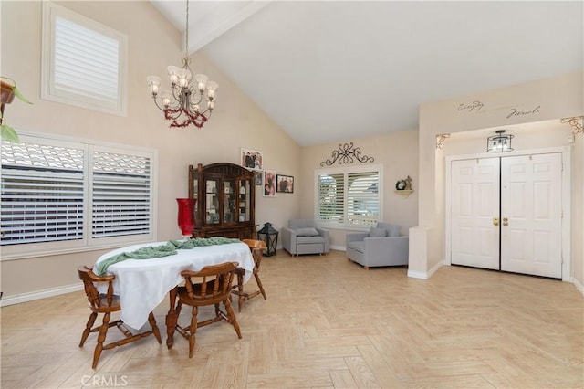 27089 Adelanto Dr, Corona, CA 92883 - dining space with an inviting chandelier, baseboards, and high vaulted ceiling
