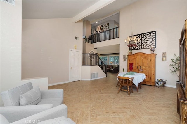 27089 Adelanto Dr, Corona, CA 92883 - living area featuring stairway, an inviting chandelier, visible vents, and baseboards
