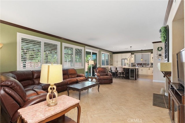 27089 Adelanto Dr, Corona, CA 92883 - living room featuring baseboards, recessed lighting, and crown molding