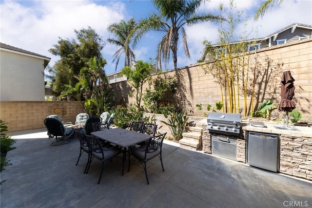 15686 Iron Spring Ln, Fontana, CA 92336 - fenced backyard featuring a patio area, an outdoor kitchen, and outdoor dining area