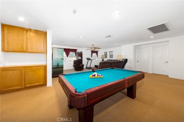 15686 Iron Spring Ln, Fontana, CA 92336 - rec room featuring light carpet, recessed lighting, billiards, and ceiling fan