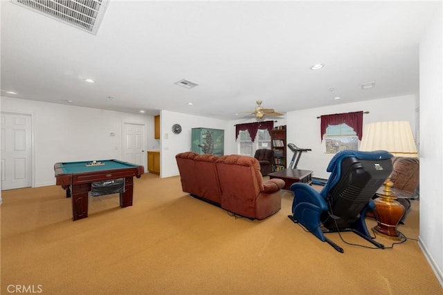 15686 Iron Spring Ln, Fontana, CA 92336 - playroom with carpet flooring, ceiling fan, recessed lighting, and billiards
