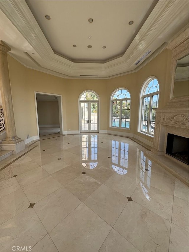 2025 E Live Oak Dr, Los Angeles, CA 90068 - interior space with baseboards, visible vents, crown molding, and a raised ceiling