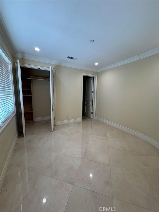 2025 E Live Oak Dr, Los Angeles, CA 90068 - unfurnished bedroom featuring a closet, crown molding, baseboards, visible vents, and recessed lighting