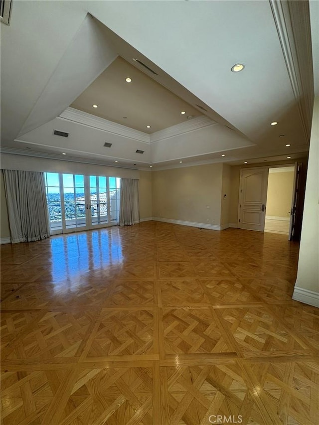 2025 E Live Oak Dr, Los Angeles, CA 90068 - spare room featuring baseboards, a tray ceiling, recessed lighting, and crown molding