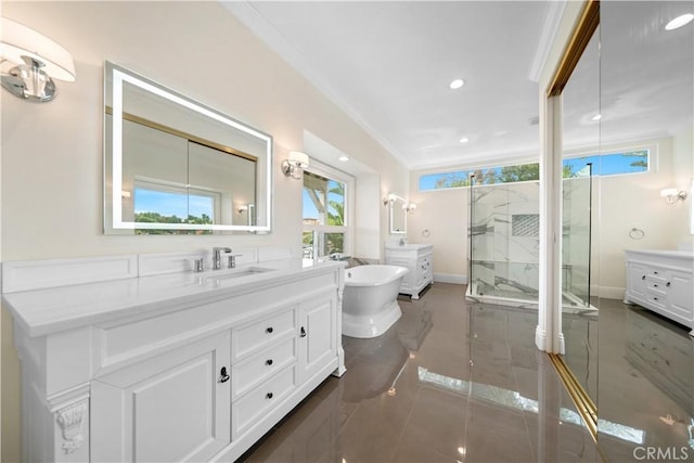 bathroom featuring two vanities, a sink, crown molding, and a shower stall