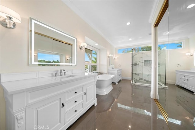 25252 Manzanita Dr, Dana Point, CA 92629 - full bath with crown molding, two vanities, a shower stall, a freestanding tub, and recessed lighting