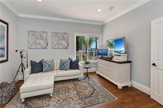 25252 Manzanita Dr, Dana Point, CA 92629 - living room with dark wood-type flooring, baseboards, crown molding, and recessed lighting