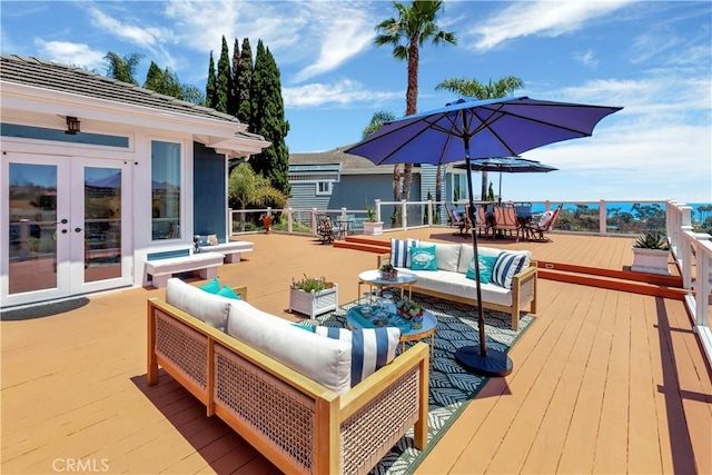 25252 Manzanita Dr, Dana Point, CA 92629 - wooden terrace with french doors, an outdoor hangout area, and outdoor dining space
