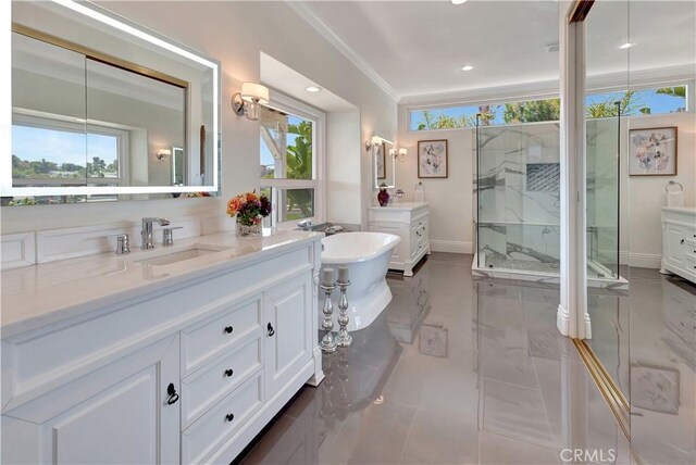 25252 Manzanita Dr, Dana Point, CA 92629 - full bathroom featuring plenty of natural light, a shower stall, ornamental molding, recessed lighting, and baseboards