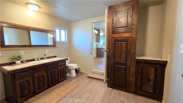 bathroom featuring toilet, vanity, and wood finished floors