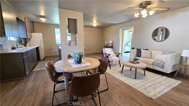 dining space with ceiling fan and wood finished floors