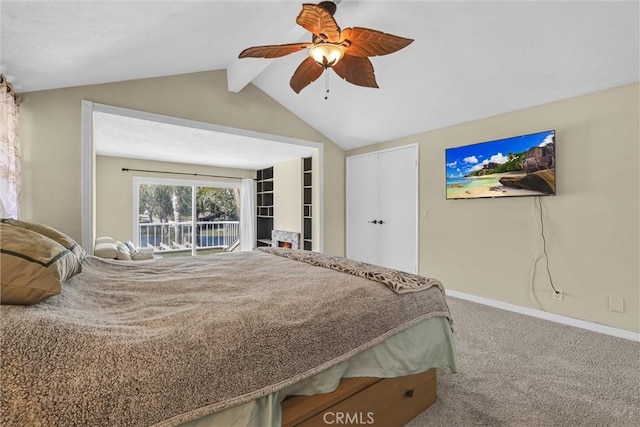 22839 Ridge Route Ln, Lake Forest, CA 92630 - carpeted bedroom with lofted ceiling with beams, baseboards, and ceiling fan