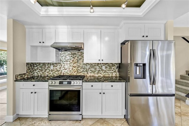 22839 Ridge Route Ln, Lake Forest, CA 92630 - kitchen featuring a tray ceiling, appliances with stainless steel finishes, and crown molding