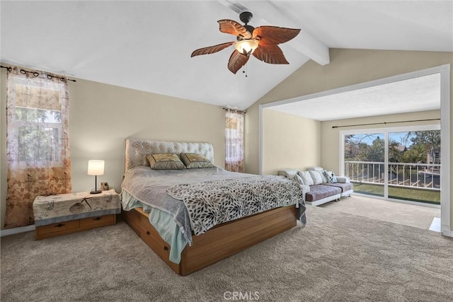 22839 Ridge Route Ln, Lake Forest, CA 92630 - carpeted bedroom with ceiling fan, lofted ceiling with beams, and access to outside