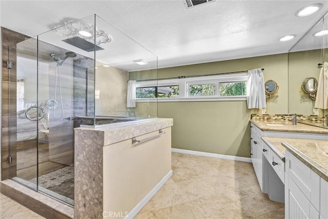 22839 Ridge Route Ln, Lake Forest, CA 92630 - bathroom featuring a stall shower, vanity, baseboards, tile patterned flooring, and recessed lighting