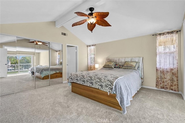 22839 Ridge Route Ln, Lake Forest, CA 92630 - bedroom with vaulted ceiling with beams, baseboards, visible vents, access to outside, and carpet floors