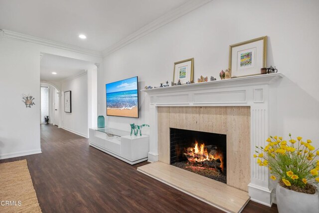 380 S Orange Grove Blvd Unit 6, Pasadena, CA 91105 - living area with a high end fireplace, wood finished floors, ornamental molding, arched walkways, and recessed lighting