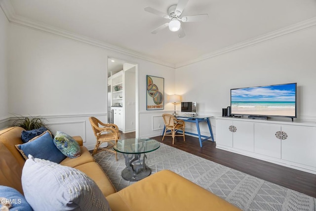 380 S Orange Grove Blvd Unit 6, Pasadena, CA 91105 - living room featuring ornamental molding, dark wood-style floors, ceiling fan, wainscoting, and a desk