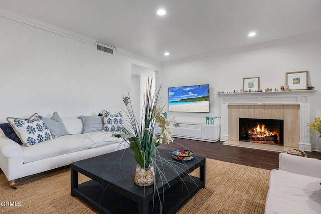 380 S Orange Grove Blvd Unit 6, Pasadena, CA 91105 - living room with ornamental molding, a premium fireplace, recessed lighting, and wood finished floors