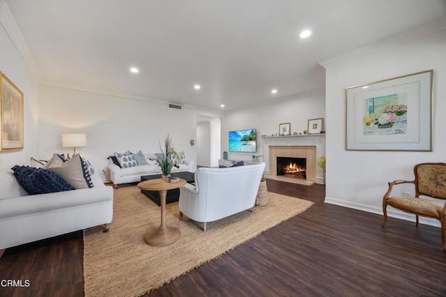 380 S Orange Grove Blvd Unit 6, Pasadena, CA 91105 - living room with crown molding, wood finished floors, recessed lighting, and a lit fireplace