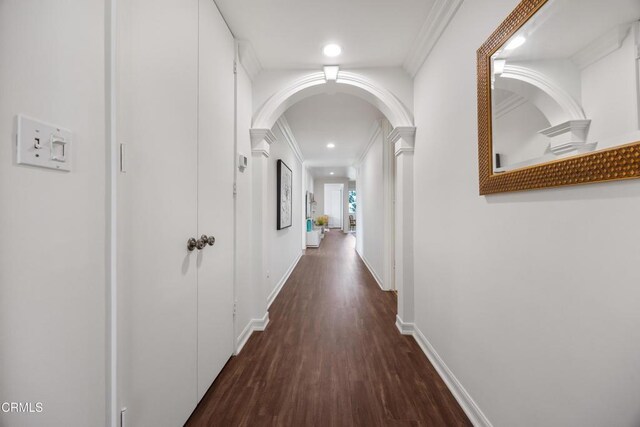 380 S Orange Grove Blvd Unit 6, Pasadena, CA 91105 - corridor with arched walkways, dark wood-type flooring, crown molding, and recessed lighting