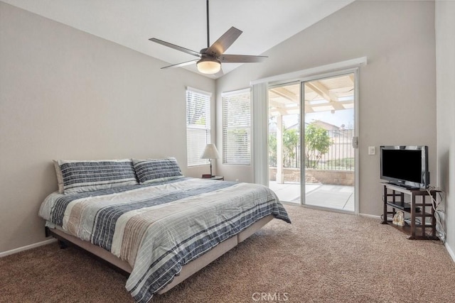 40049 Corte Fortuna, Murrieta, CA 92562 - bedroom with access to exterior, carpet, baseboards, vaulted ceiling, and a ceiling fan