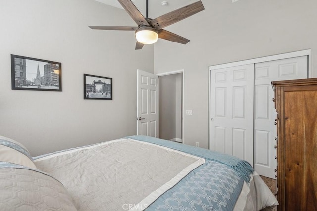 40049 Corte Fortuna, Murrieta, CA 92562 - bedroom featuring a closet, vaulted ceiling, and ceiling fan