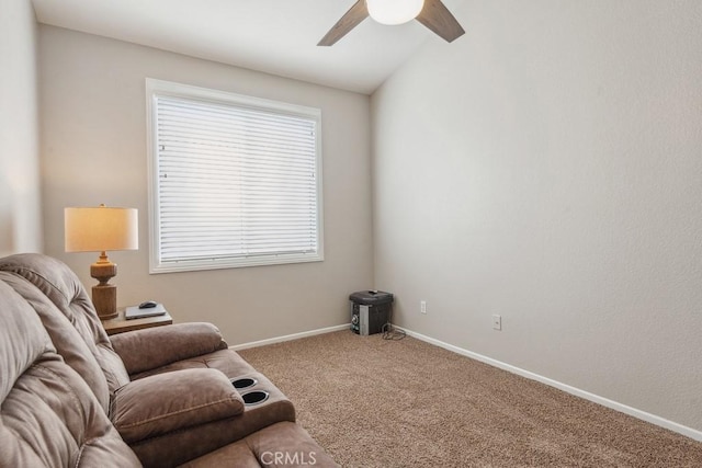 40049 Corte Fortuna, Murrieta, CA 92562 - living area featuring a ceiling fan, carpet, baseboards, and vaulted ceiling