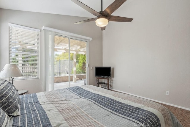 40049 Corte Fortuna, Murrieta, CA 92562 - bedroom featuring access to exterior, carpet, baseboards, ceiling fan, and lofted ceiling