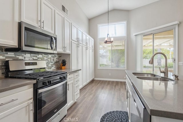 40049 Corte Fortuna, Murrieta, CA 92562 - kitchen featuring stainless steel appliances, a sink, vaulted ceiling, light wood-style flooring, and tasteful backsplash