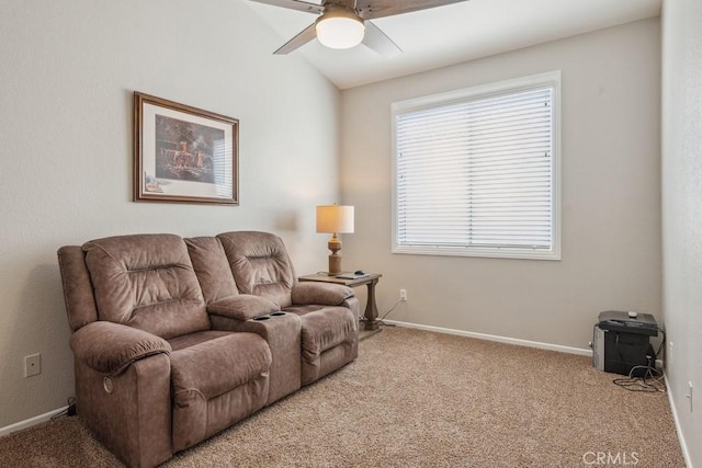 40049 Corte Fortuna, Murrieta, CA 92562 - carpeted living area with ceiling fan, baseboards, and lofted ceiling