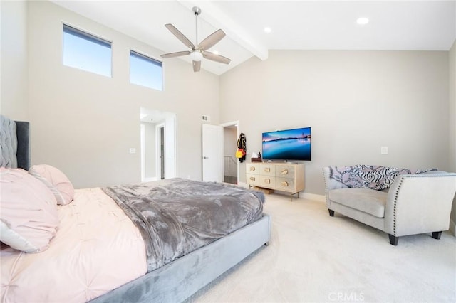 carpeted bedroom with high vaulted ceiling, beam ceiling, a ceiling fan, baseboards, and visible vents