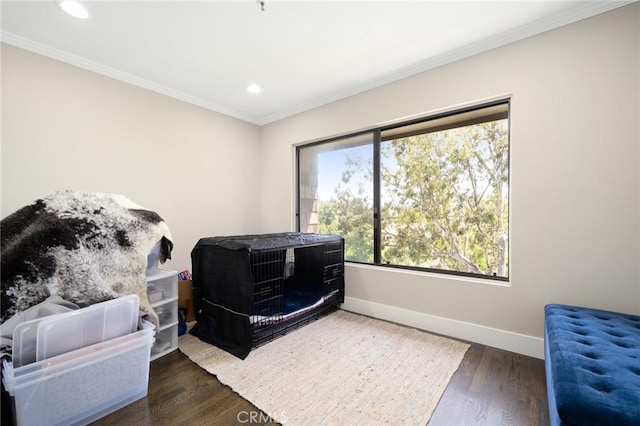 miscellaneous room with baseboards, recessed lighting, wood finished floors, and ornamental molding
