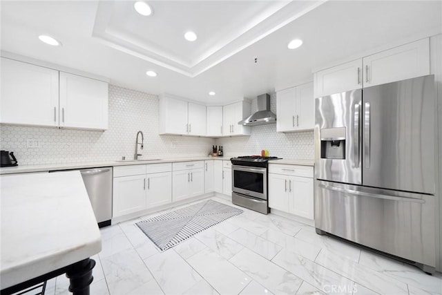 kitchen with light countertops, stainless steel appliances, a sink, a tray ceiling, and wall chimney range hood