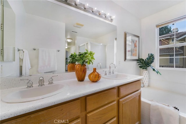 1510 Timberwood, Irvine, CA 92620 - bathroom featuring double vanity, a bath, and a stall shower