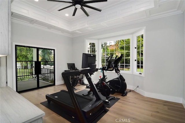 exercise room featuring crown molding, baseboards, wood finished floors, a ceiling fan, and coffered ceiling