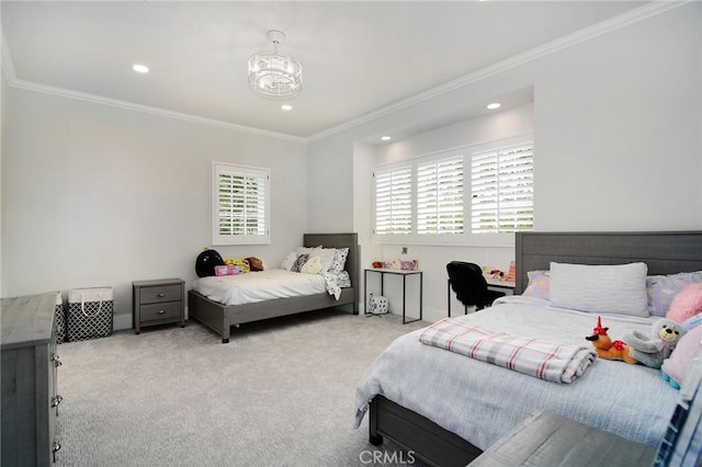 carpeted bedroom featuring baseboards, recessed lighting, and crown molding