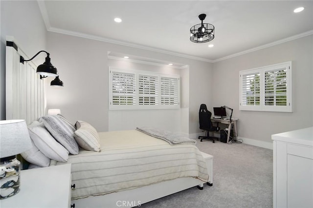 bedroom with carpet flooring, ornamental molding, baseboards, and recessed lighting