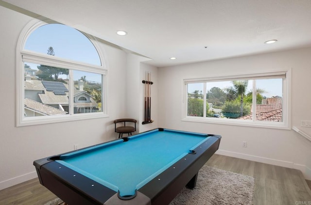 1164 Quail Gardens Ct, Encinitas, CA 92024 - recreation room featuring wood finished floors, baseboards, pool table, and recessed lighting