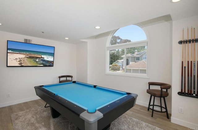 1164 Quail Gardens Ct, Encinitas, CA 92024 - game room with wood finished floors, billiards table, baseboards, and recessed lighting