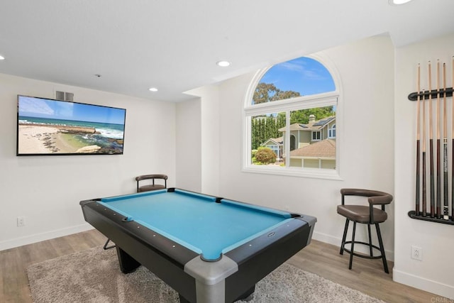 1164 Quail Gardens Ct, Encinitas, CA 92024 - recreation room with billiards, wood finished floors, baseboards, and recessed lighting