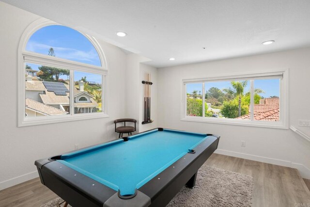 1164 Quail Gardens Ct, Encinitas, CA 92024 - playroom with baseboards, pool table, wood finished floors, and recessed lighting