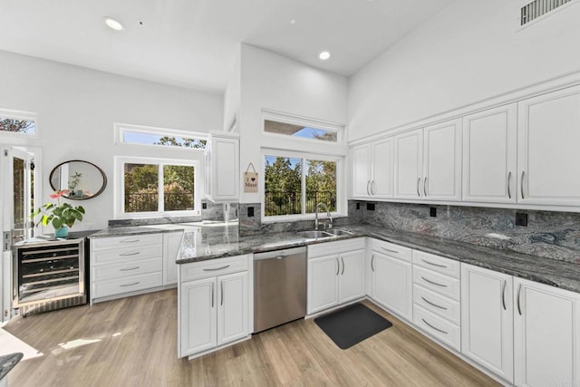 1164 Quail Gardens Ct, Encinitas, CA 92024 - kitchen with dishwasher, wine cooler, a sink, white cabinets, and recessed lighting