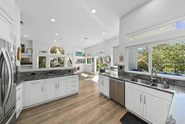 1164 Quail Gardens Ct, Encinitas, CA 92024 - kitchen with appliances with stainless steel finishes, a sink, recessed lighting, and dark stone countertops