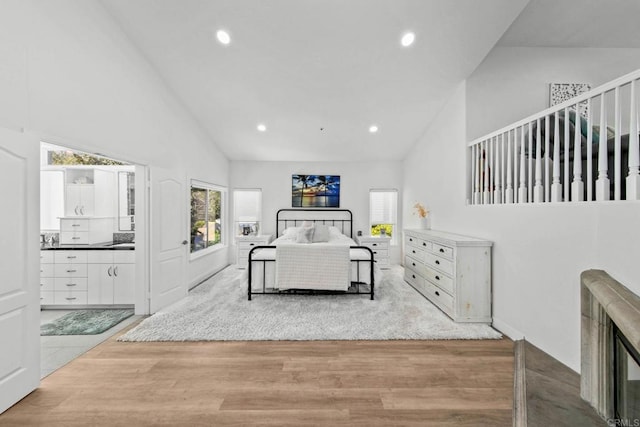 1164 Quail Gardens Ct, Encinitas, CA 92024 - bedroom featuring high vaulted ceiling, wood finished floors, and recessed lighting