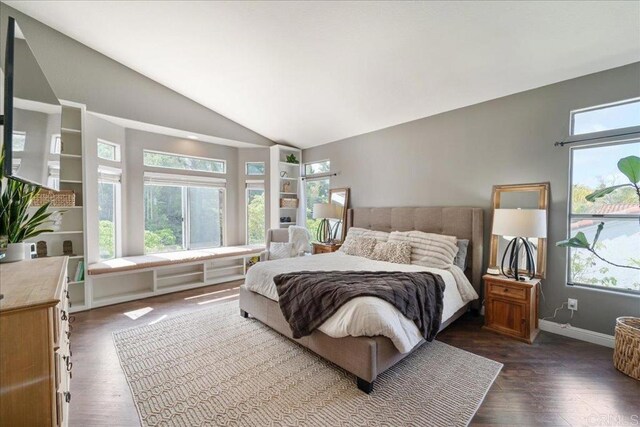 4981 Marin Dr, Oceanside, CA 92056 - bedroom with baseboards, dark wood finished floors, and lofted ceiling